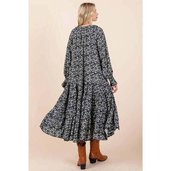 Mittoshop Printed Tie Neck Detail Flounce Sleeves Ruffled Midi Dress | Dark Navy - Picture 6 of 7